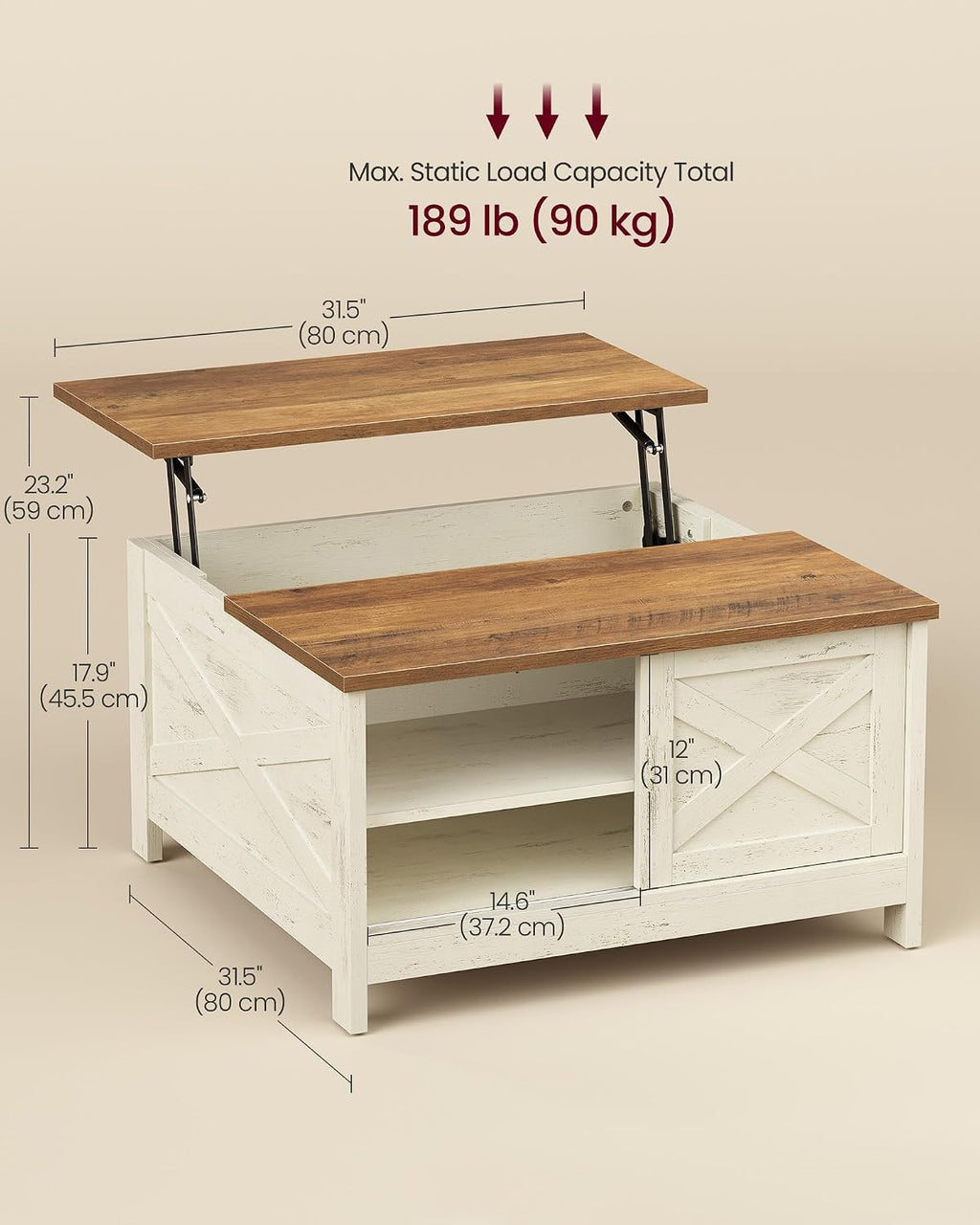 VASAGLE Farmhouse Coffee Table with Storage, Lift Top, Hidden Compartment
