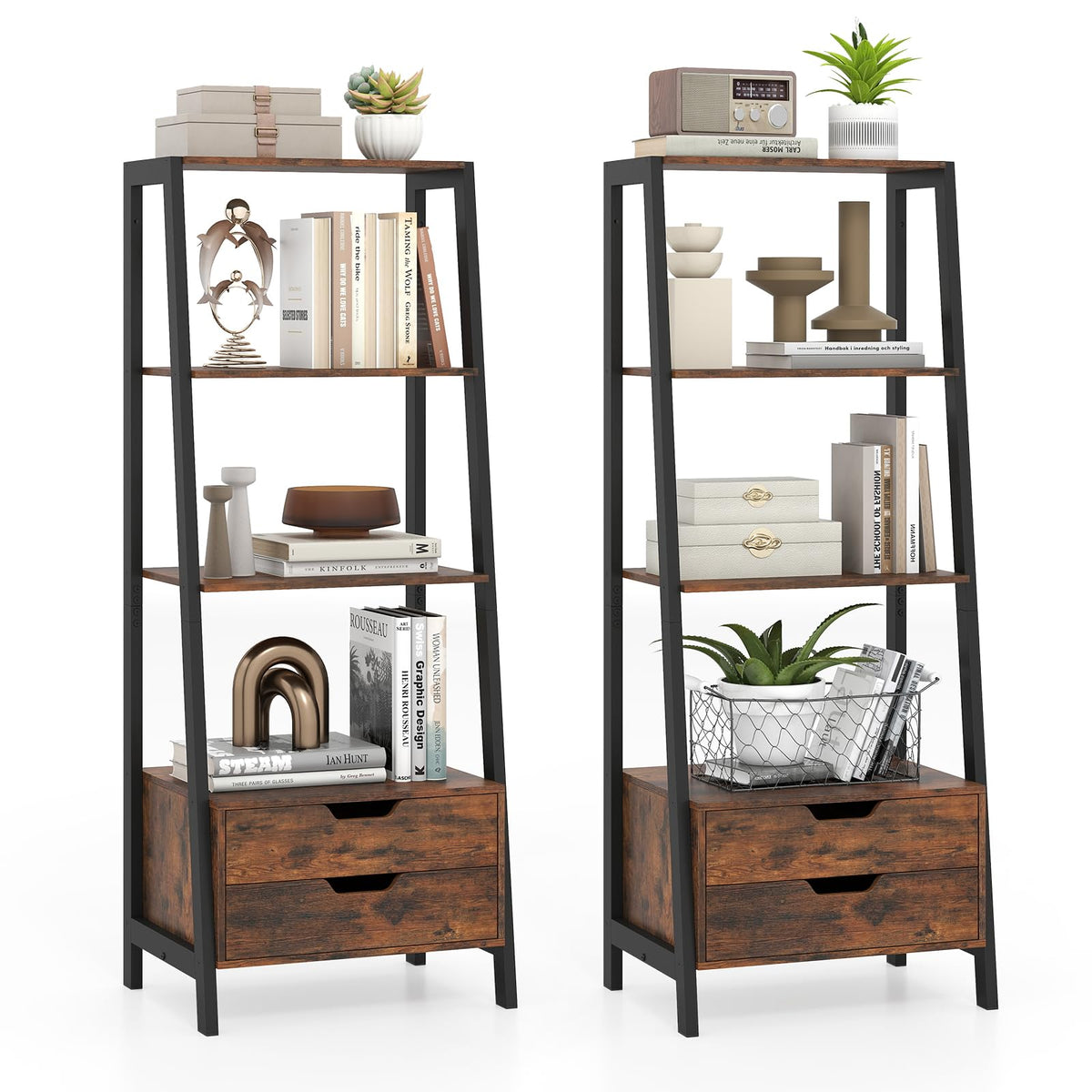 GIANTEX 4-Tier Bookshelf with 2 Drawers Set of 2, Modern Ladder Bookshelf w/Storage, Sturdy Metal Frame, Anti-toppling Devices, Display Standing Shelf Unit, Freestanding Bookcase, Rustic Brown
