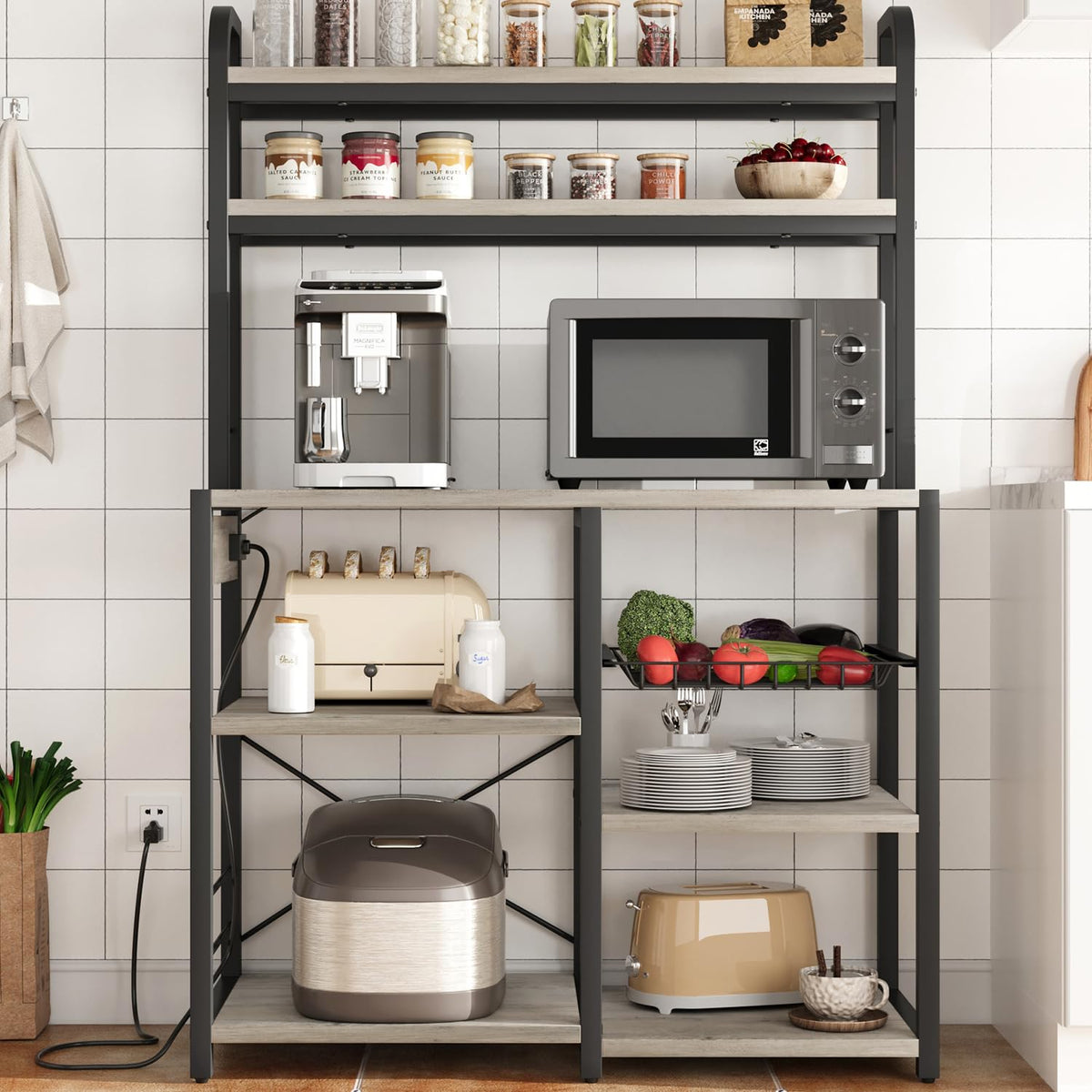 GAOMON Bakers Rack with Power Outlet, Kitchen Baker Rack with Wire Basket, Microwave Stand with Large Open Storage Shelves, 6-Tier Freestanding Utility Storage Shelf, Retro Black