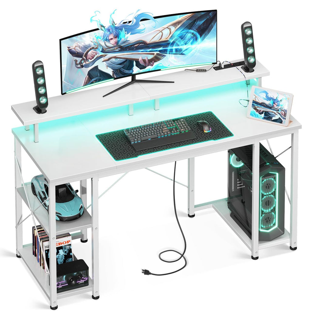 ODK 48 Inch Gaming Desk with LED Lights & Storage Shelves, Black