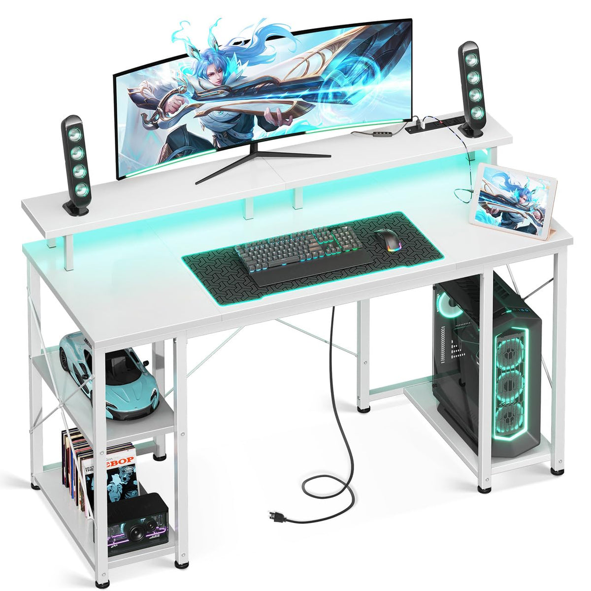 ODK 48 Inch Gaming Desk with LED Lights & Storage Shelves, Black