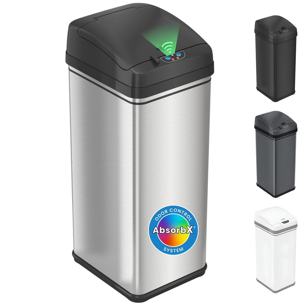 iTouchless Patented 13 G Stainless Steel Sensor Trash Can | AbsorbX Filter