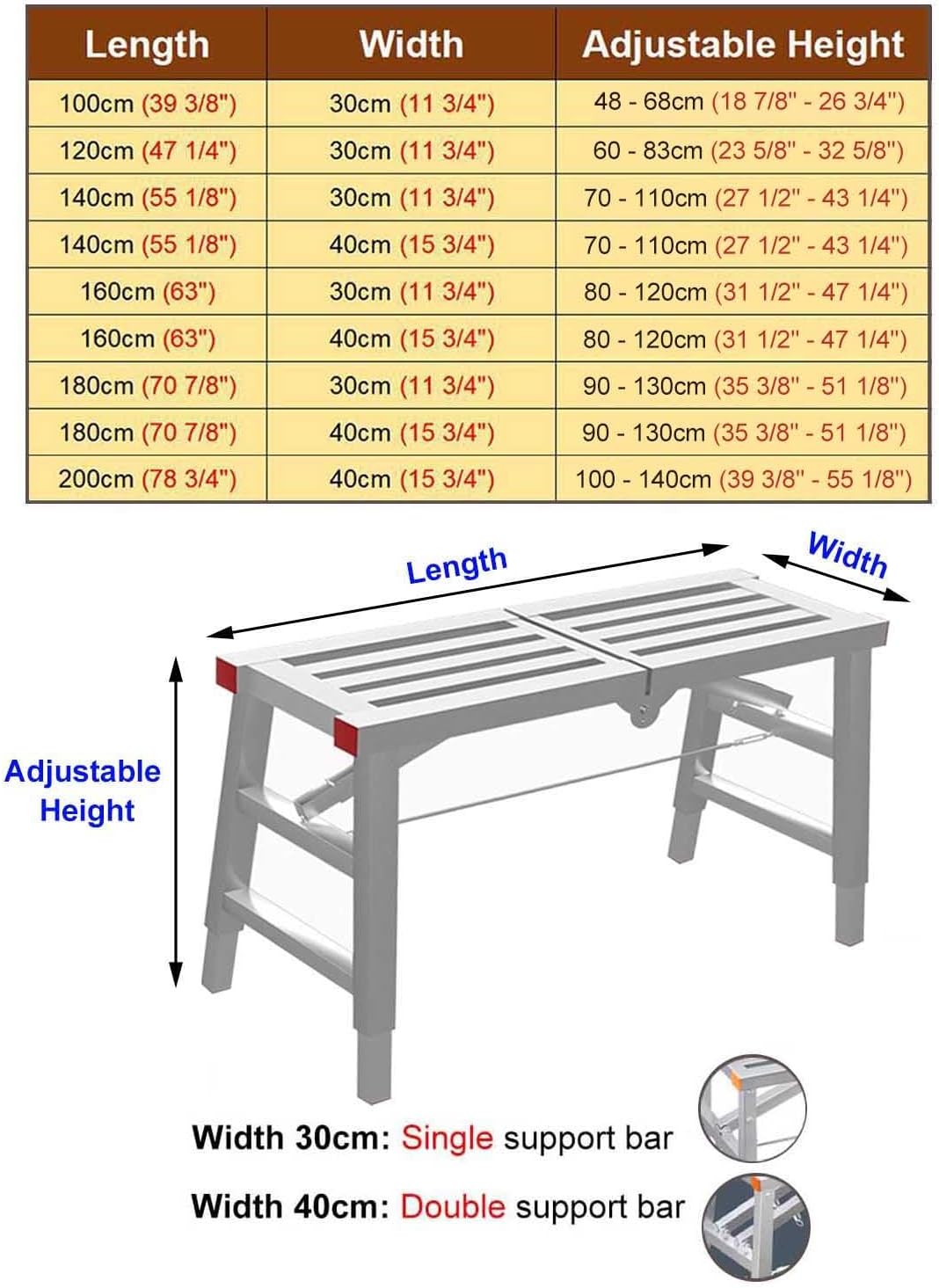 ZIMGOD Stairs Stairwell Scaffolding with Adjustable Legs, Folding Work Platform Ladder for Uneven Ground, Home Use Workbench Stool with Anti-Skid Foot Pad(100x30cm (39.4x11.8in))