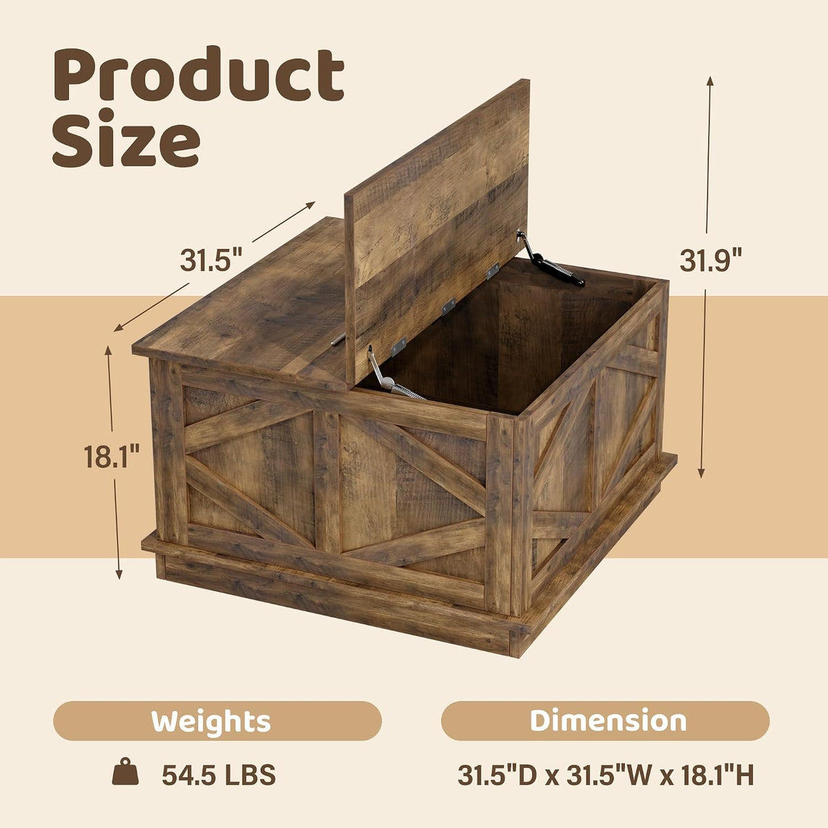 YESHOMY 31.5 Inch Square Farmhouse Coffee Table with Storage, Rustic Brown