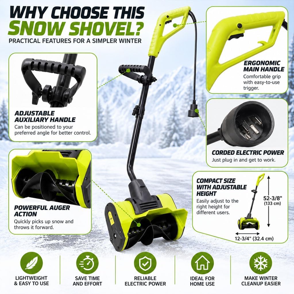 12" Corded Electric Snow Blower, Electric Snow Blaster 120V-60Hz Single-Stage Walk-Behind Thrower w/ 19' Throwing Distance for Driveway, Sidewalk, and Walkway