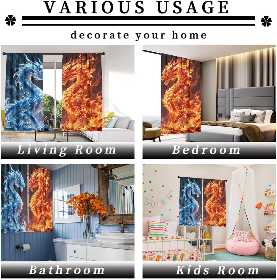 Dreamy Ice Fire Dragon Rod Pocket Curtains-Fantasy Yin Yang Theme Blackout Curtains & Drapes for Bedroom,Mythological Wild Animals Dragon Room Darkening Window Curtain,2pcs,Each 52“W x 96”L