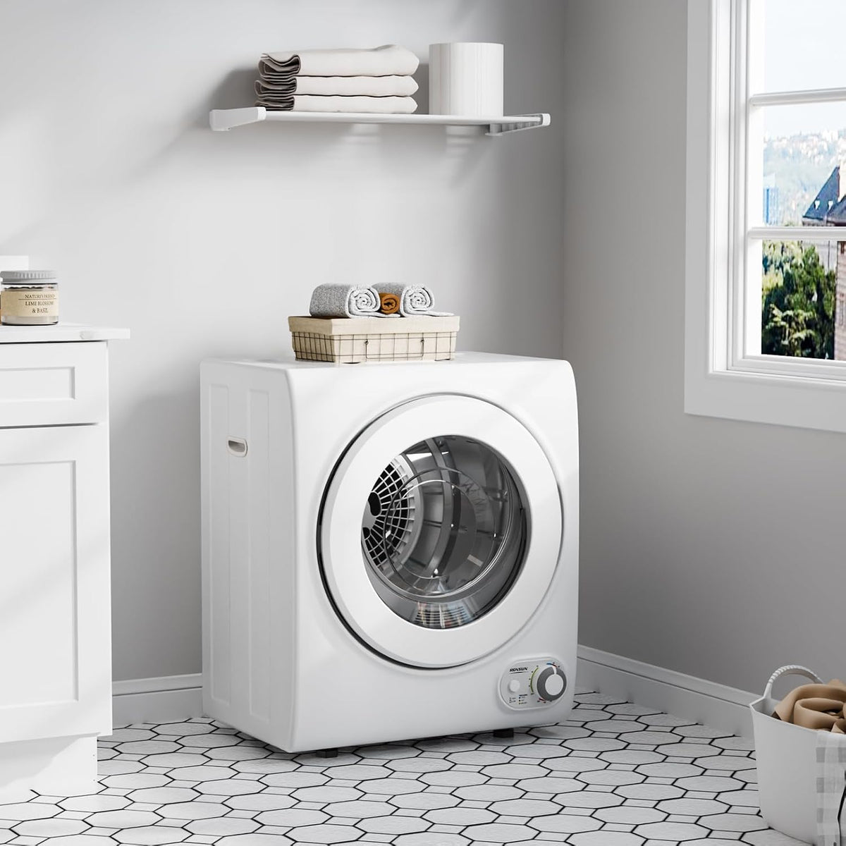 ROVSUN 110V Portable Clothes Dryer, High End Laundry Front Load Tumble Dryer Machine with Stainless Steel Tub & Simple Control Knob for Apartment, Dorm-850W, White
