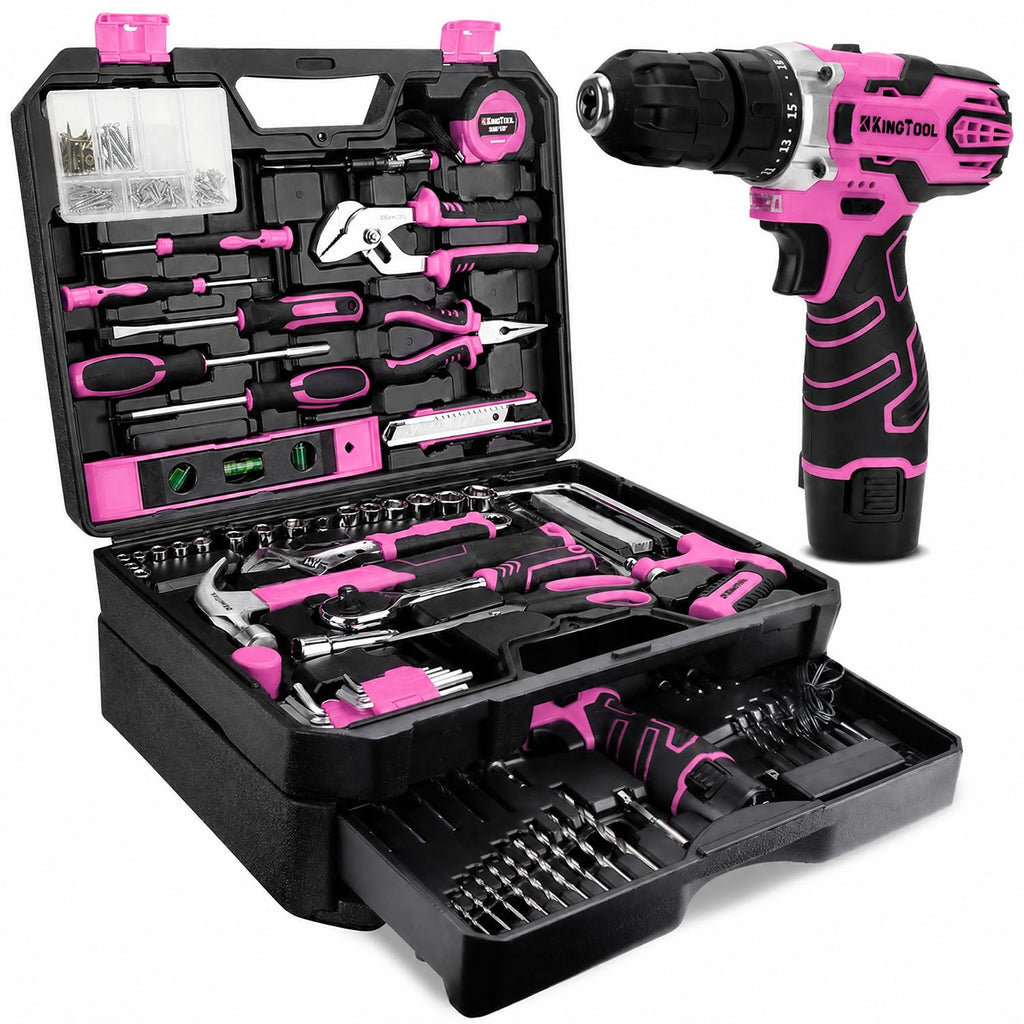 KingTool 276-Piece Tool Set Kit with 12V Cordless Power Drill (Red Black)