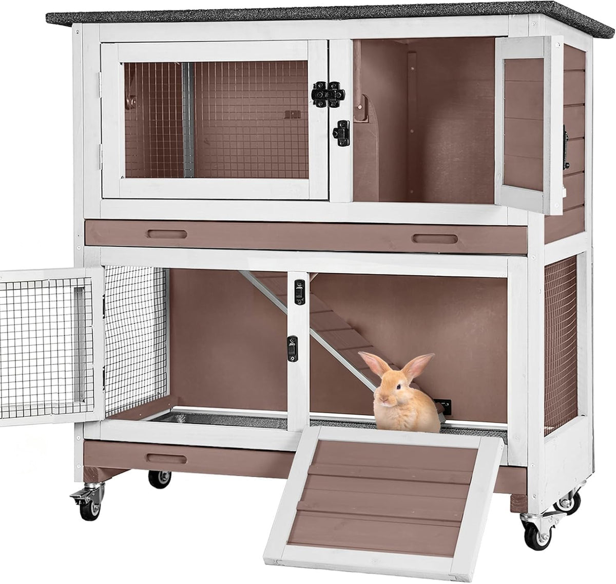 Aivituvin Rabbit Hutch Indoor Bunny Cage Outdoor 2 Story Pet House Guinea Pig Cage on Wheels 36" L