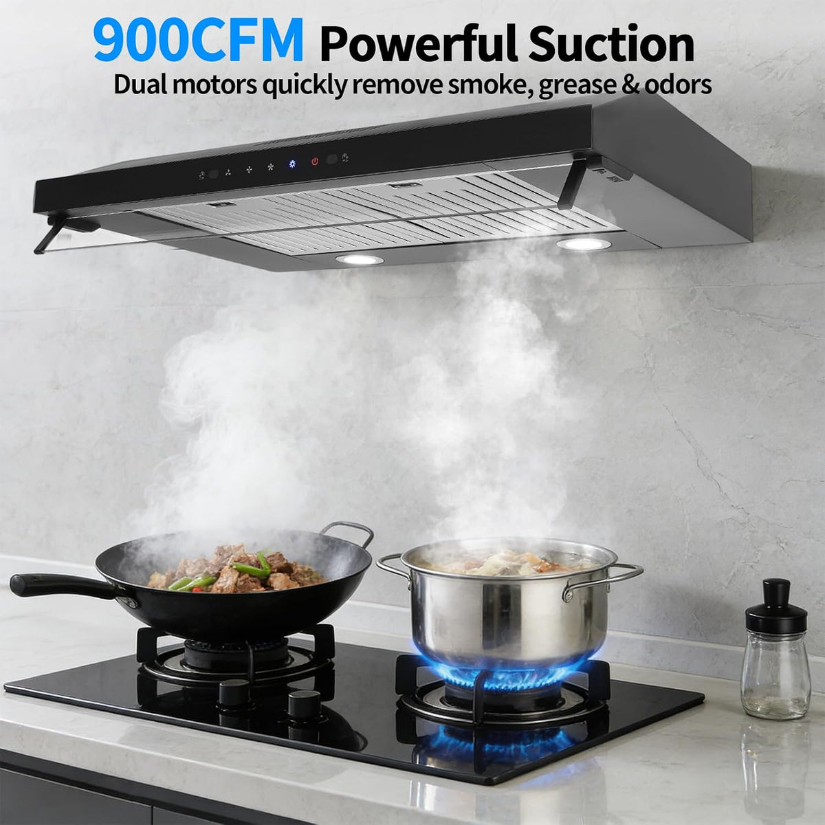 30In Under Cabinet Range Hood 900CFM Black Ducted/Ductless Range Hoods Kitchen Stove Vent Hood for Kitchen Stainless Steel Range Hoods,3-speed Fan,Touch Control/Gesture Sensing (900CFM 30in)