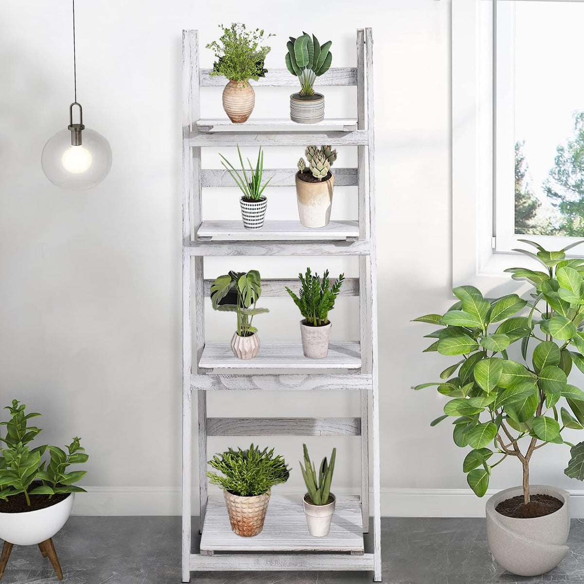 ACEHOME 4 Tier Ladder Bookshelf, 45.7 Inch Home Office Bookcase, Industrial Ladder Shelf, Freestanding Storage Organizer Rack, Solid Wood Shelf with for Bedroom, Living Room, Home Office-White