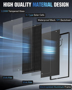 200 Watt Solar Panel 18BB N-Type, 25% Efficiency Monocrystalline Grade A+ Cells, 12V 200W Solar Panel IP68 for RV, Van, Trailer, Marine, Rooftop, Farm, Off Grid