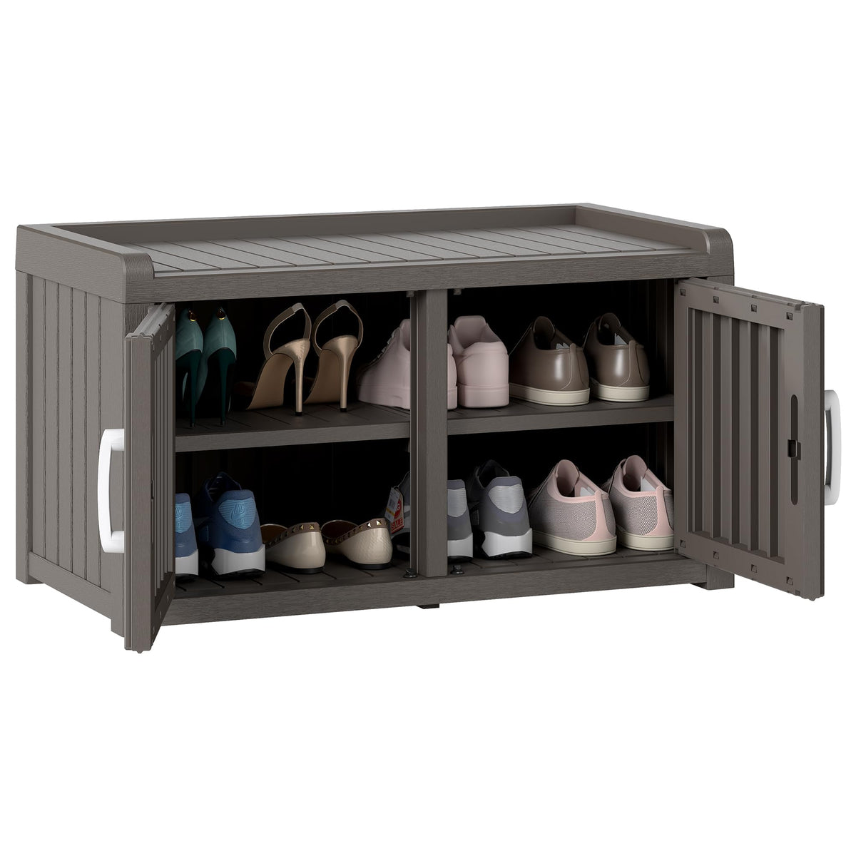 2-Tier Storage Bench, Waterproof UV-Resistant Outdoor Shoe Storage Cabinet with 2 Doors & Adjustable Shelves for Indoor Outdoor Entryway, Hallway, Living Room(Black)