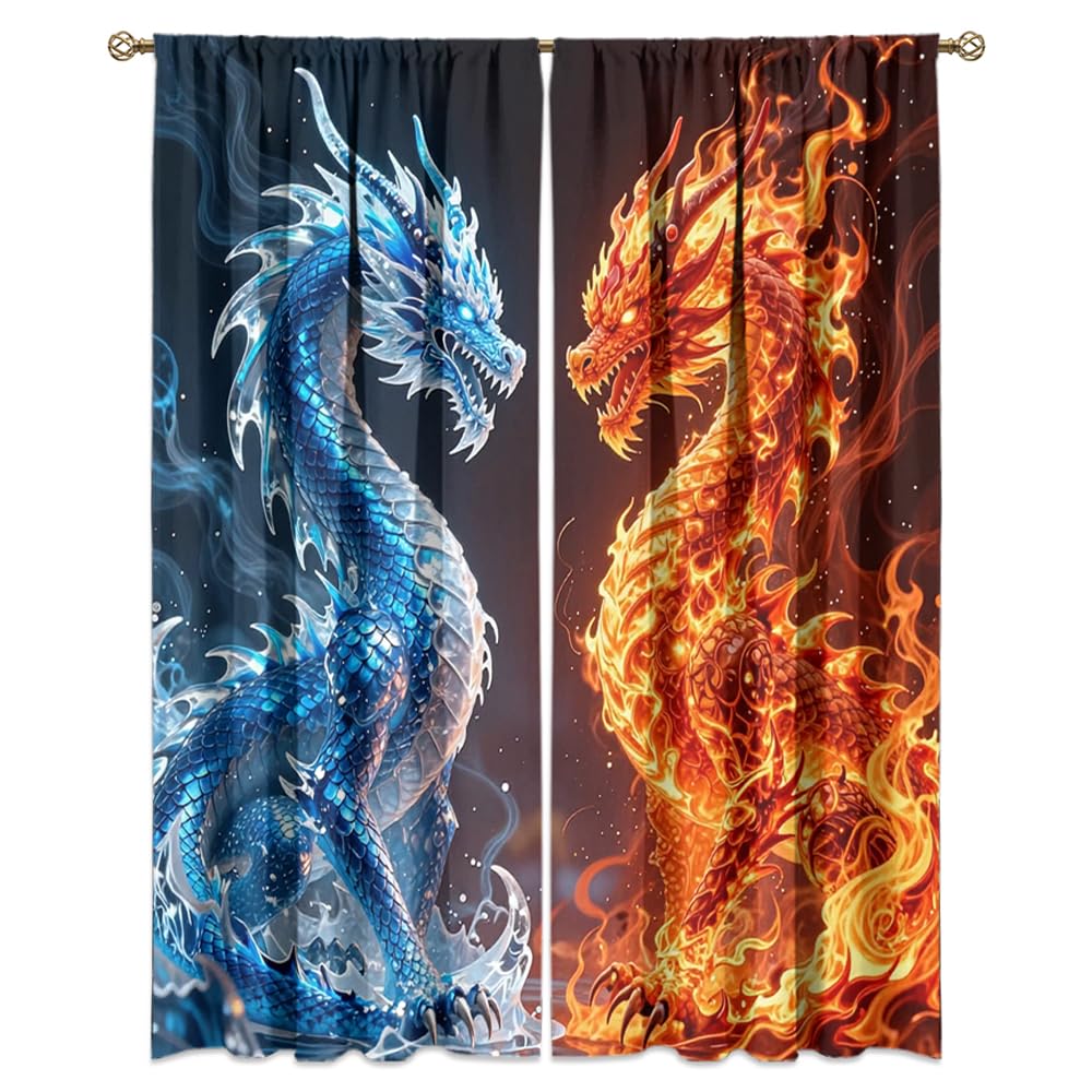 Fantasy Mythical Animal Dragon Curtains,Dreamy Galaxy Full Moon Room Darkening Blackout Window Treatment,Mythological Wildlife Dragon Rod-Pocket Privacy Curtains,2pcs,Each 52“W x 96”L