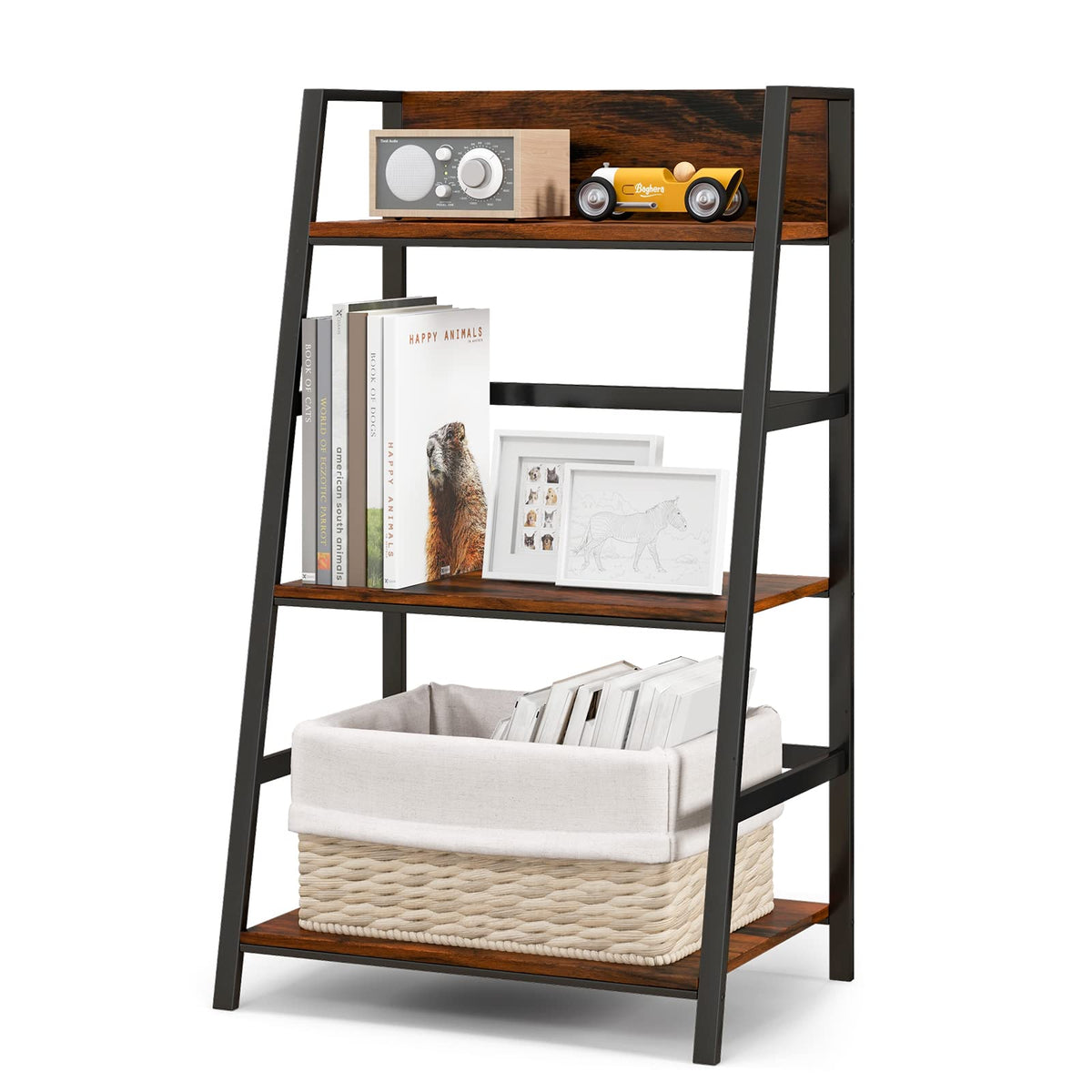 Tangkula 3-Tier Ladder Shelf, Industrial Wood Bookshelf