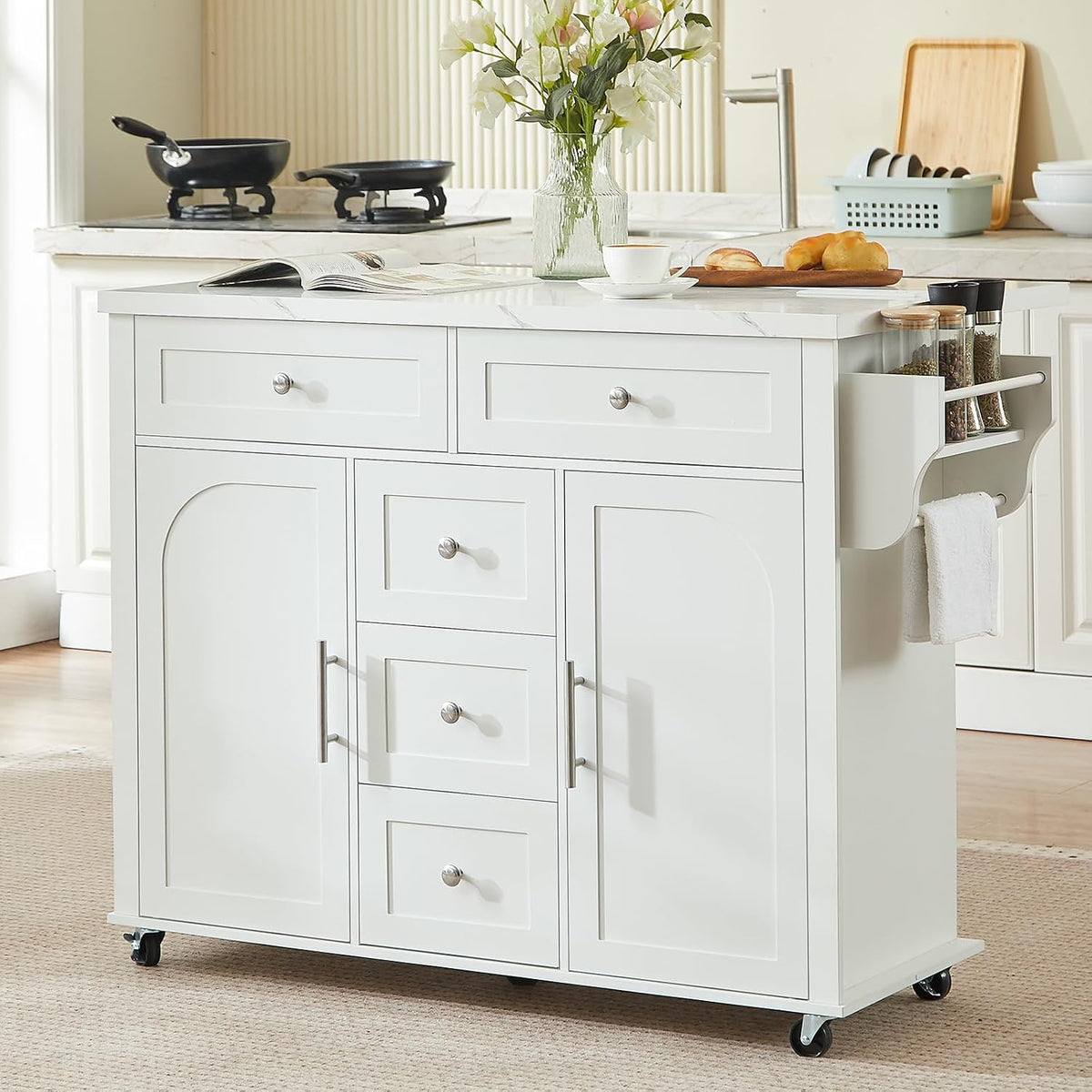 ONBRILL 47" Kitchen Island with 2 Storage Cabinets & 5 Drawers, White