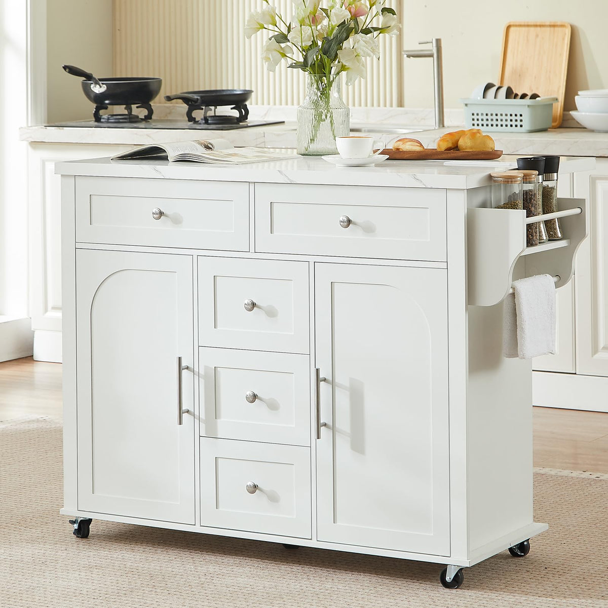 ONBRILL 47" Kitchen Island with 2 Storage Cabinets & 5 Drawers, White