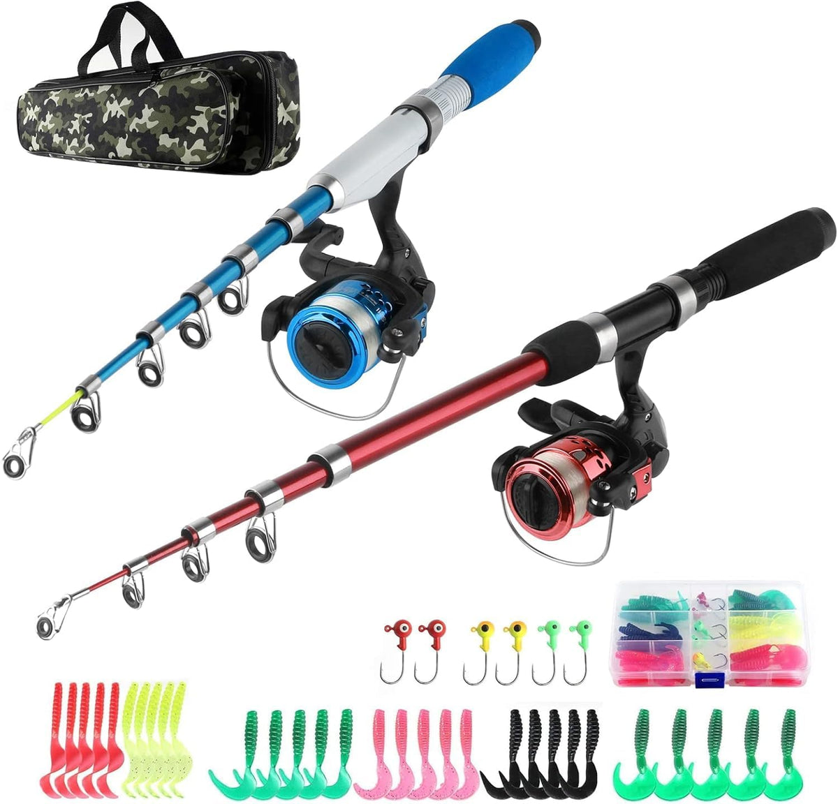 Fishing Rod Reel Combos Collapsible Fishing Rod Kit, 2PCS Telescopic Fishing Pole+2PCS Spinning Reels+Lures Hooks+Tackle Bag+Fishing Accessories Full Combo for Kids Youth