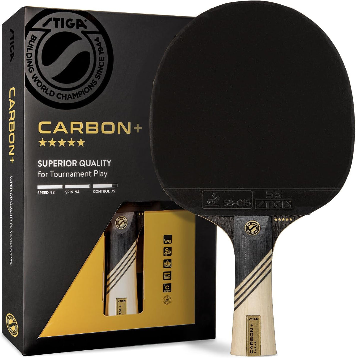 STIGA Carbon+ Bundle Ping Pong Paddle Set – 7-ply Extra Light Carbon Fiber Blade – 2mm Premium Sponge – Concave Pro Handle – 2 3-Star Tournament Balls – Neoprene Racket Cover – Player Wristband