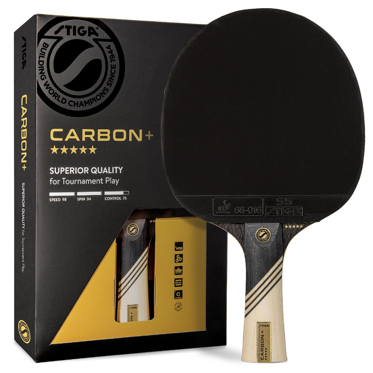 STIGA Carbon+ Bundle Ping Pong Paddle Set – 7-ply Extra Light Carbon Fiber Blade – 2mm Premium Sponge – Concave Pro Handle – 2 3-Star Tournament Balls – Neoprene Racket Cover – Player Wristband