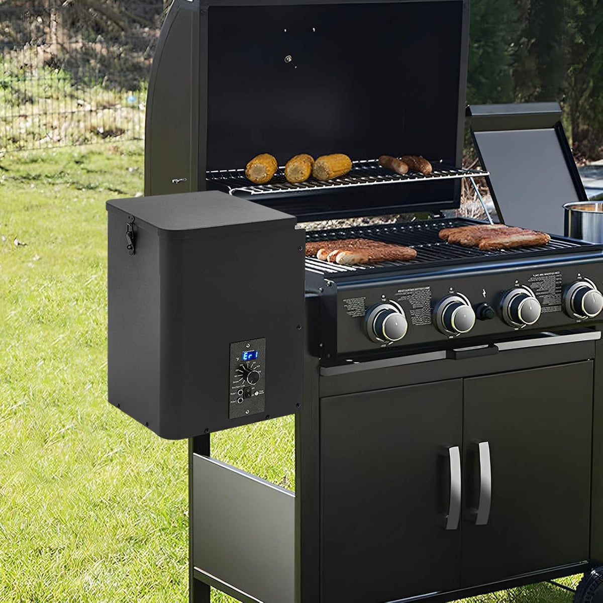 Electric Wood Pellet Smoker Grill Part, 250W 180℉ -500℉ Vertical Pellet Smoker Hopper Assembly Kit with Dual-Functional Wind Mechanism and LED Visual Feedback Screen