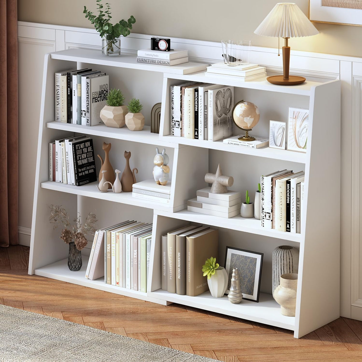 IOTXY Wooden Extendable Shelf Bookcase, 3-Tier Low Bookshelf, Walnut, S