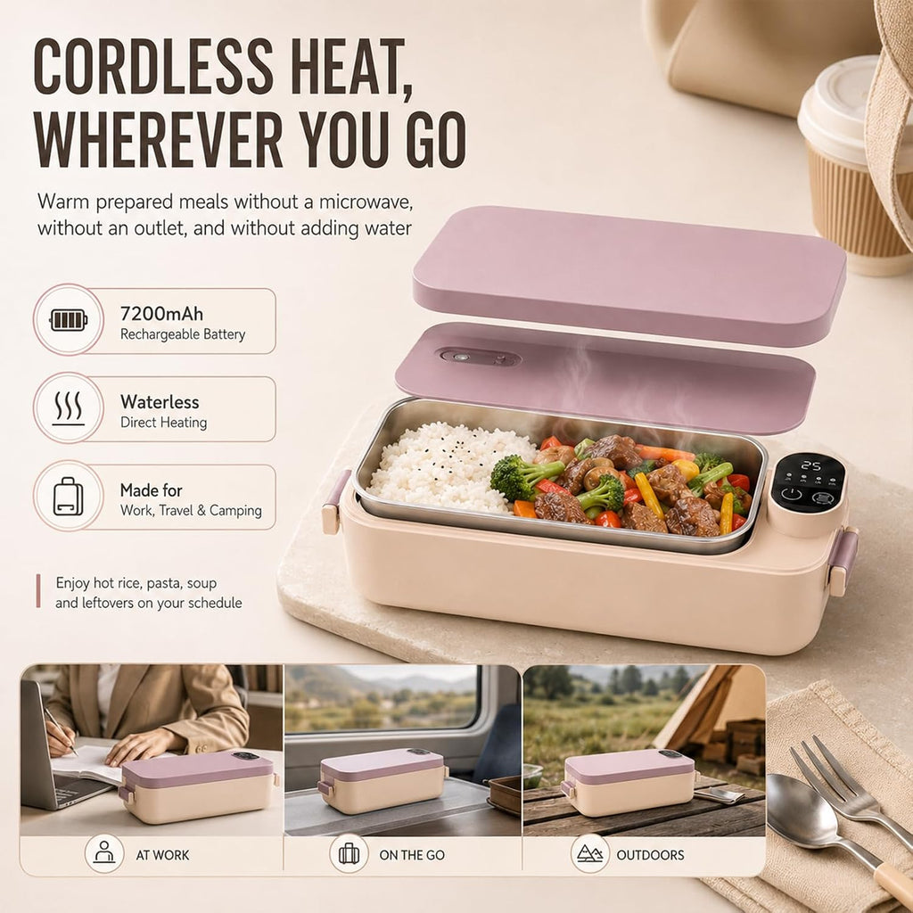 Portable Electric Lunch Box with Self-Heating, 304 SS (Mix, Rechargeable*2)