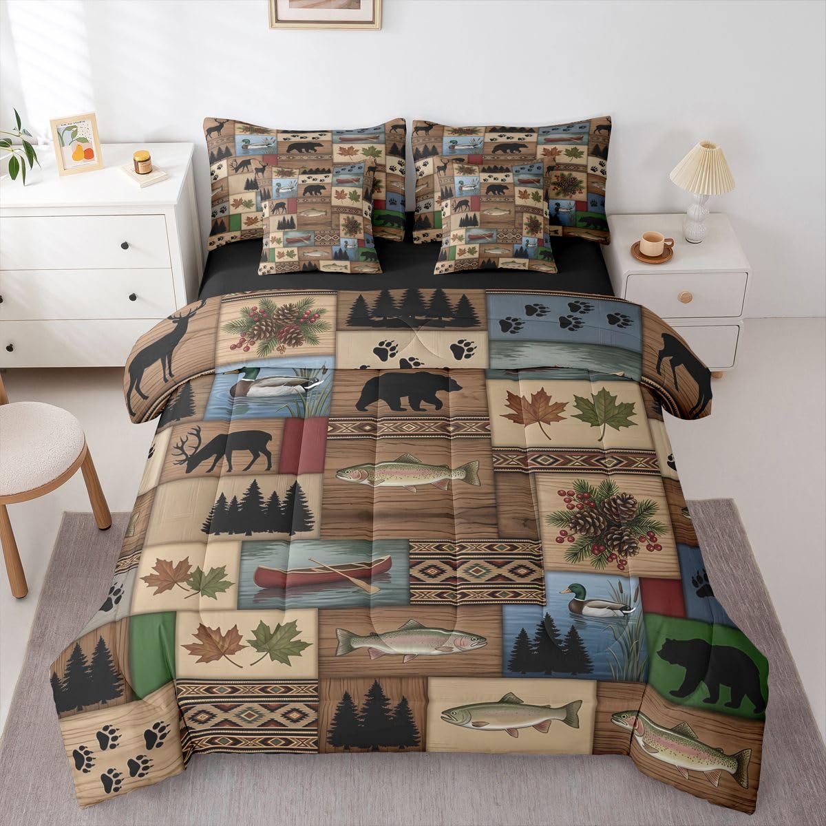 Feelyou Deer Comforter Set with Sheets King Size 7 piece Kids Rustic Deer Hunting Bedding Set Cabin Lodge Deer Bed in a Bag Farmhouse Nature Wildlife Antlers Brown Bed Set