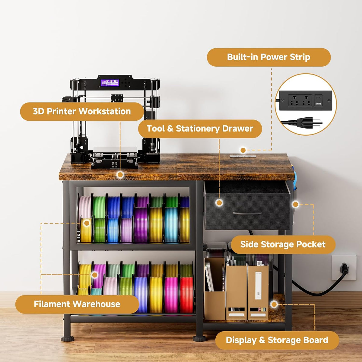 3D Printer Stand with Filament Storage Rack, Heavy Duty 3D Printer Table with Power Outlet, 3-Tier Filament Holder with Drawer, 3D Printer Filament Stand Organized for Office Workshop Studio