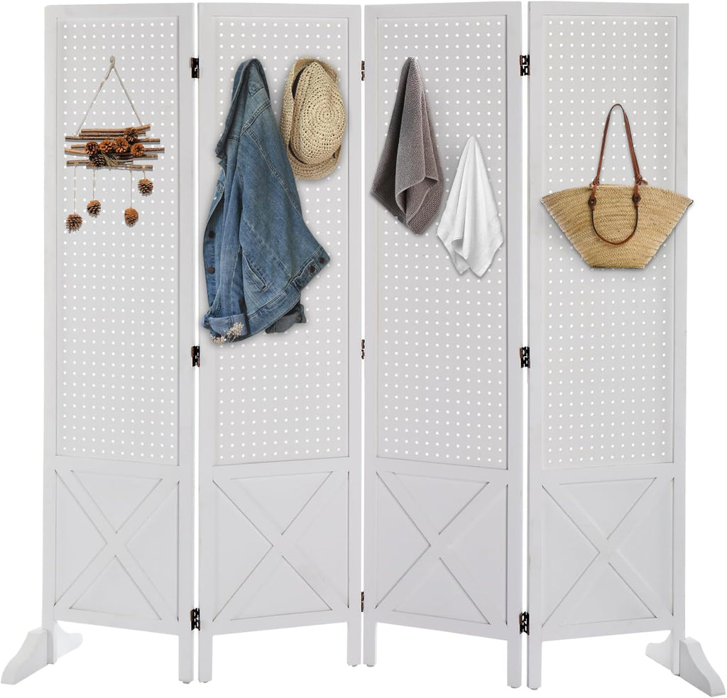 VINGLI Freestanding Pegboard with Support Feet, 5 FT Wood Room Divider Display Board Organizer, Folding Privacy Screen Partition Space Separator for Craft Shows Events Retail (White, 4 Panel)