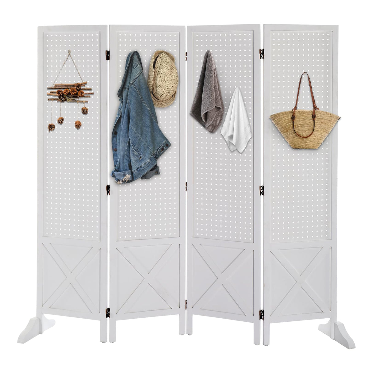 VINGLI Freestanding Pegboard with Support Feet, 5 FT Wood Room Divider Display Board Organizer, Folding Privacy Screen Partition Space Separator for Craft Shows Events Retail (Black, 4 Panel)