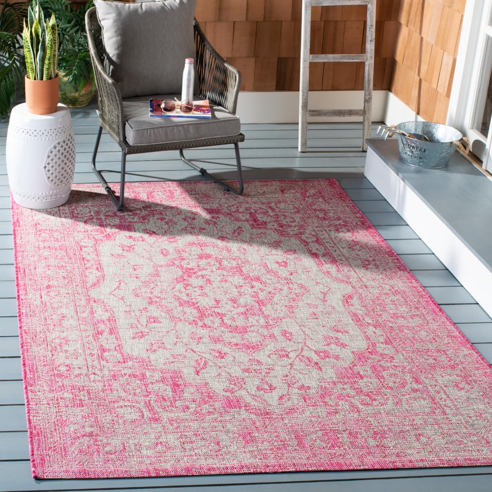 SAFAVIEH Washable Rug Outdoor Courtyard Collection - 6'7" x 9'6", Grey & Blue, Non-Shedding & Easy Cleaning, Ideal for Patio, Backyard, Mudroom (CY8231-37212)