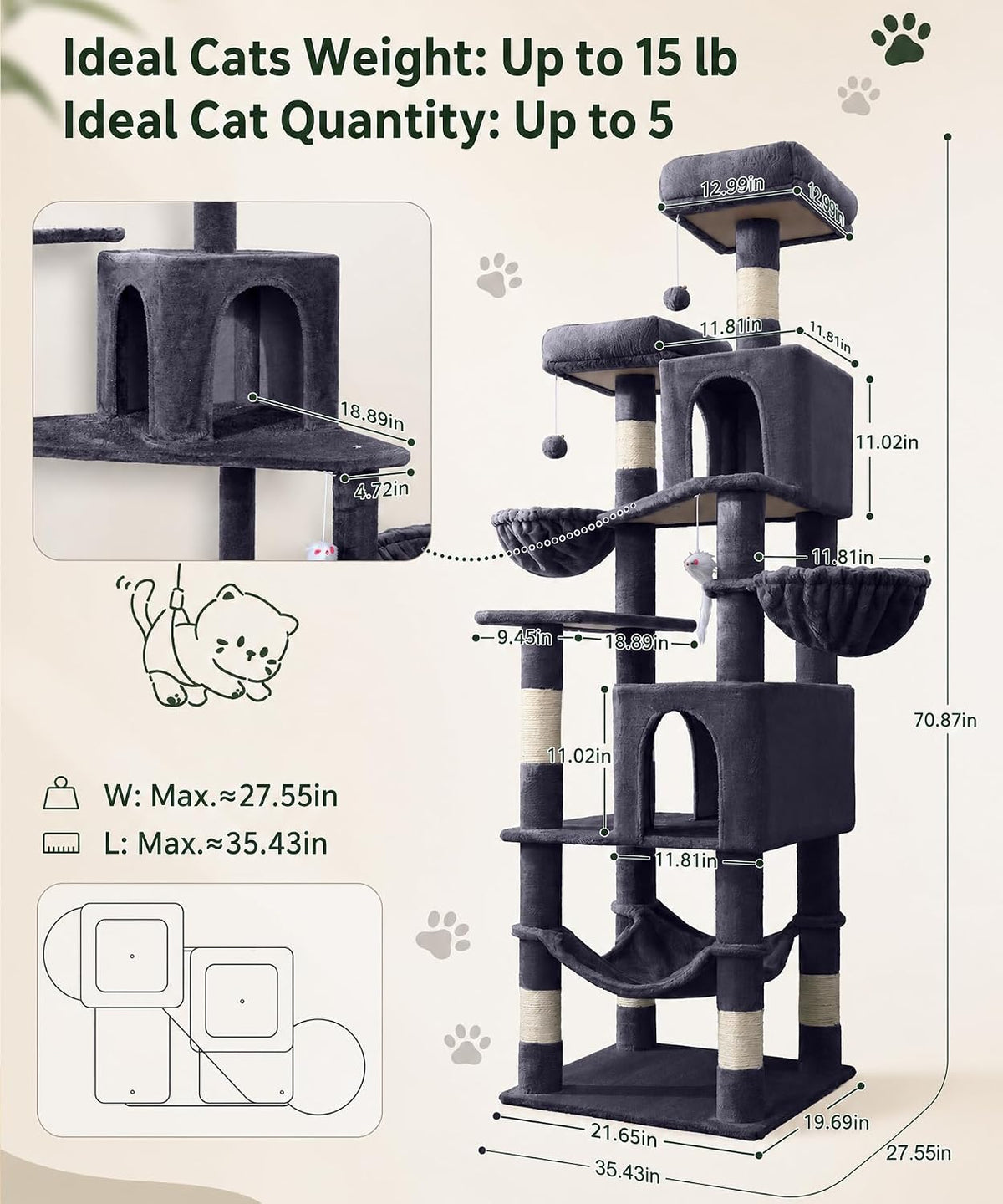 AMHANCIBLE Cat Tree Tower, 70 Inch Heavy Duty Cat Tree for Large Cats