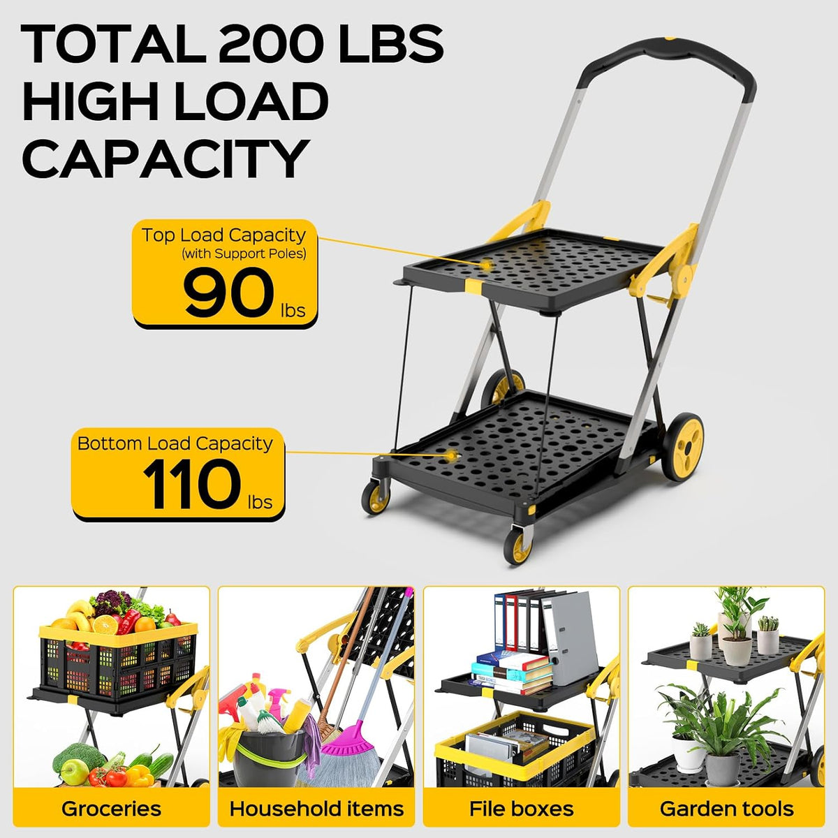 TOLRET Shopping Cart with Wheels, 200 lbs Capacity Grocery Cart on Wheels