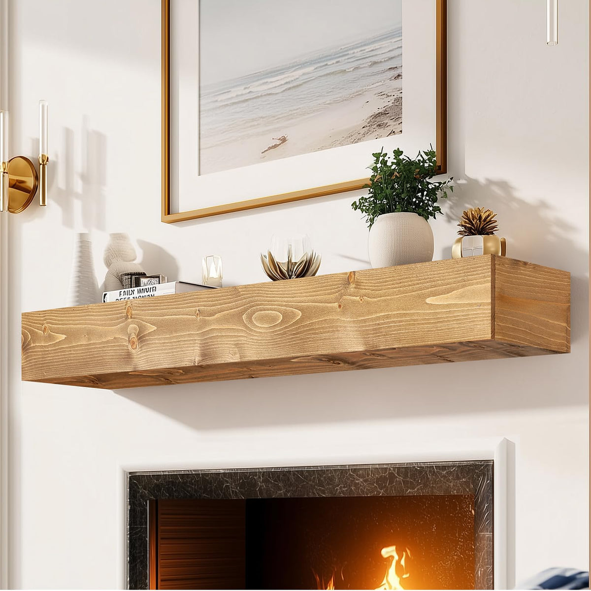 60x8x3in Rustic Fireplace Mantel Pine Wood, Weathered Brown