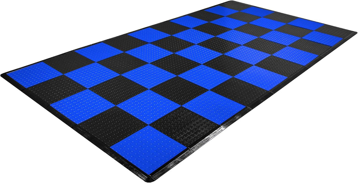 IncStores ⅜ Inch Thick Nitro Interlocking Garage Floor Tiles | Plastic Floor Tile Set for Parking, Protecting, and Displaying Motorcycles | 12"x12" Tiles, Coin, Black/Shelby Blue
