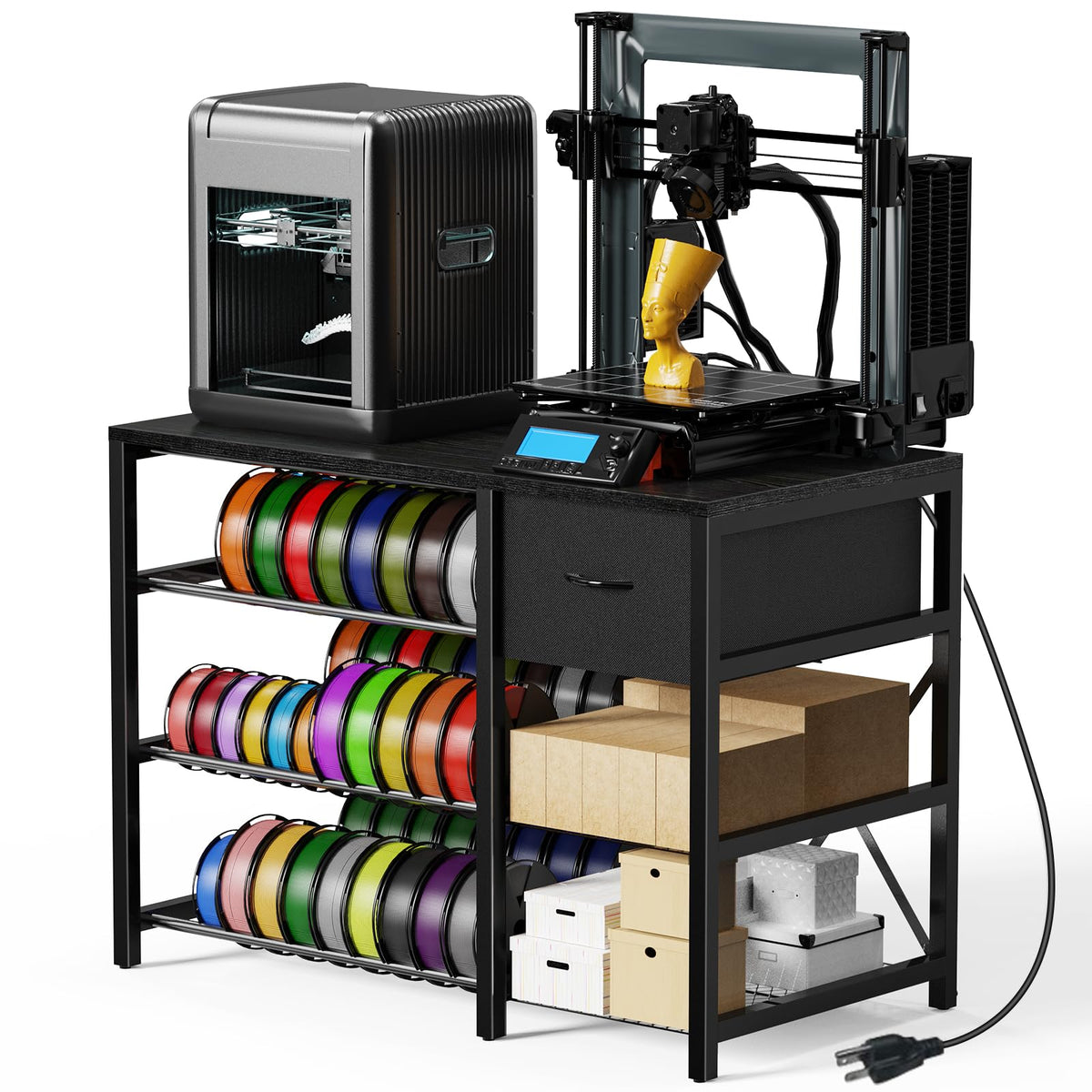 3D Printer Stand with Filament Storage Rack, Heavy Duty 3D Printer Table with Power Outlet, 3-Tier Filament Holder with Drawer, 3D Printer Filament Stand Organized for Office Workshop Studio