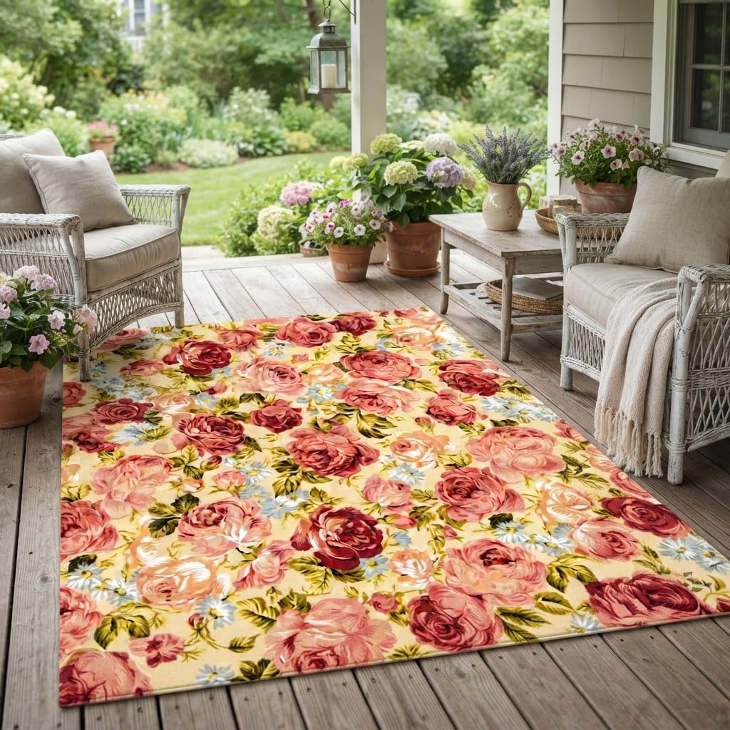 Beautiful Elegant Multicolor Outdoor Rug 7x10 Natural Floral Butterfly Texture Waterproof Thin No Shedding Easy Care Outside Rugs for Patios Deck Pool Garden Balcony Backyard Beach Floor Mat