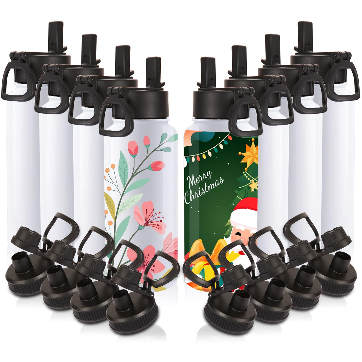 Volhoply 32oz Insulated Water Bottle with Straw Lid, Black, 8-Pack