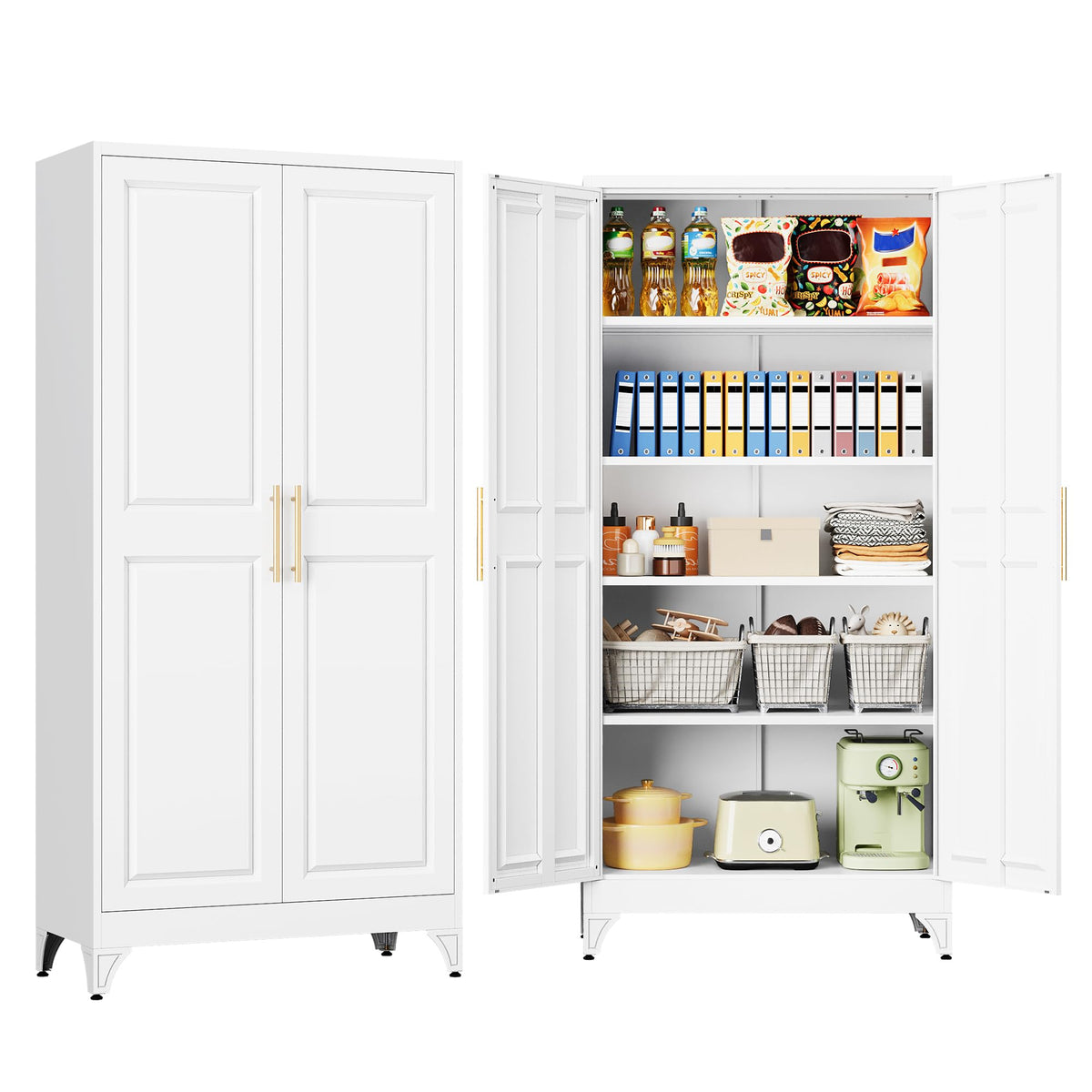 SISESOL 67" Tall Narrow Bathroom Storage Cabinet, 2 Door and 7 Shelves Slim Kitchen Pantry Cabinet, White Metal Bathroom Cabinets,Large Cupboard for Home,Kitchen,Laundry,Bathroom