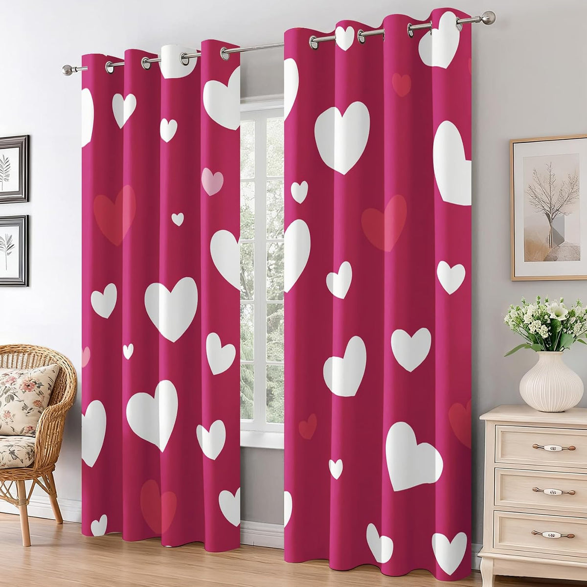 Cute Love Heart Curtains Blackout for Living Room Bedroom, Girls Kids Women Curtains 96 Inch Length 2 Panels Set, Thermal Insulated Grommet Drapes - Pink Heart-Shaped Home Decor Q2K-X16