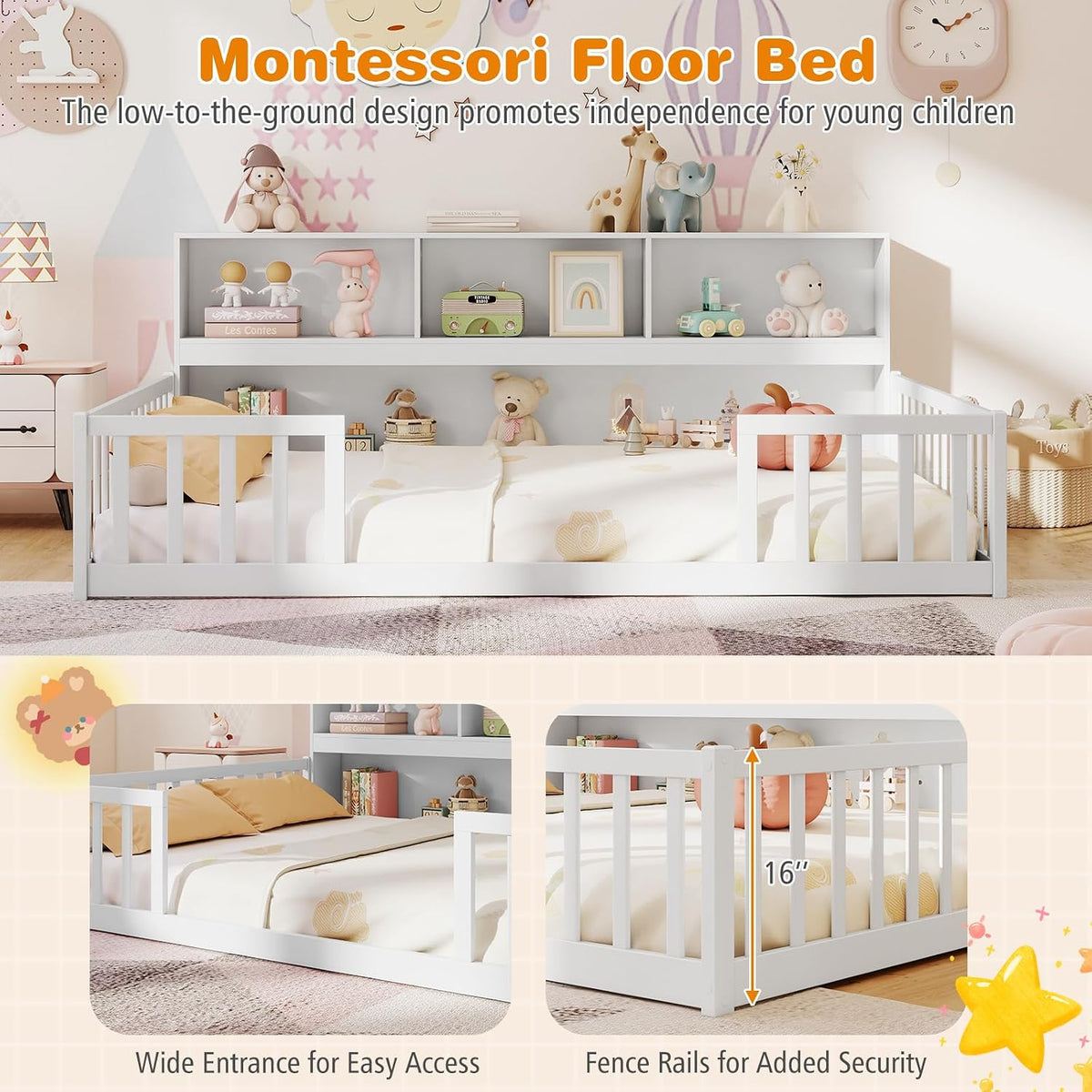 GIANTEX Full Size Floor Bed for Kids, Wooden Montessori Bed Frame with Bookcase, Storage Shelves & Safety Fence Rails, Floor Beds Full for Girls, Boys, No Box Spring Needed, Without Slats, White