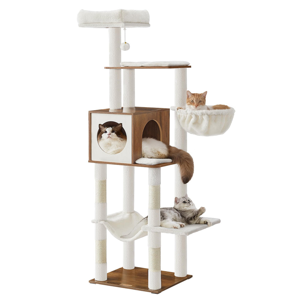 Feandrea Cat Tree, 65-Inch Tall Cat Tower, Multi-Level Condo with Cave