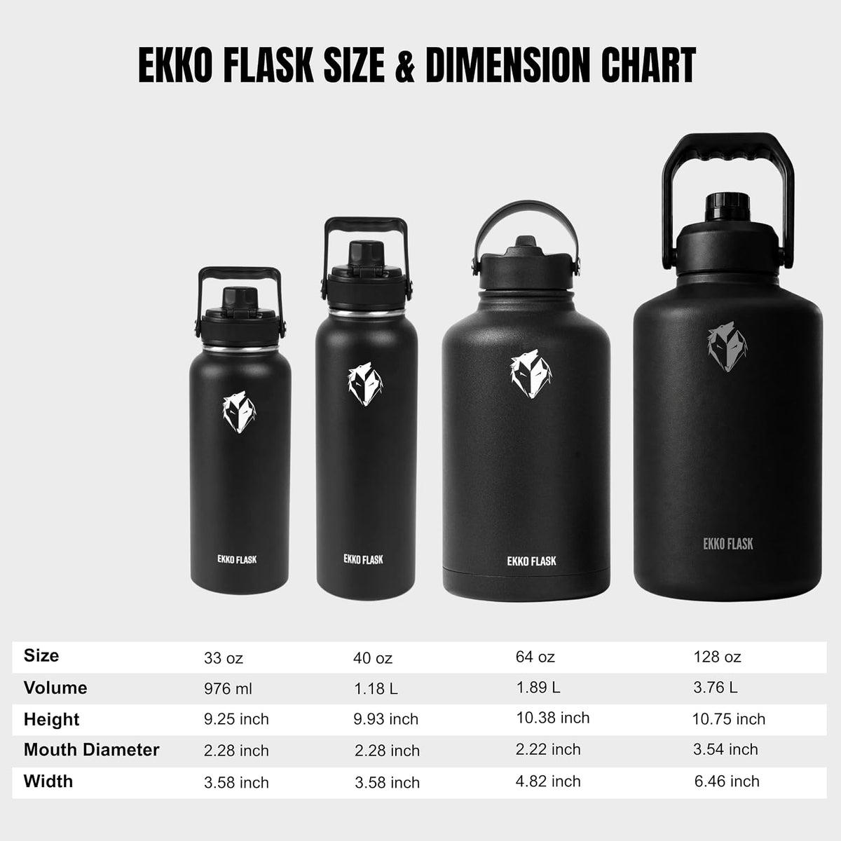 Ekkovision Ekko Flask Insulated Water Bottle, Stainless Steel, Black,128 Oz
