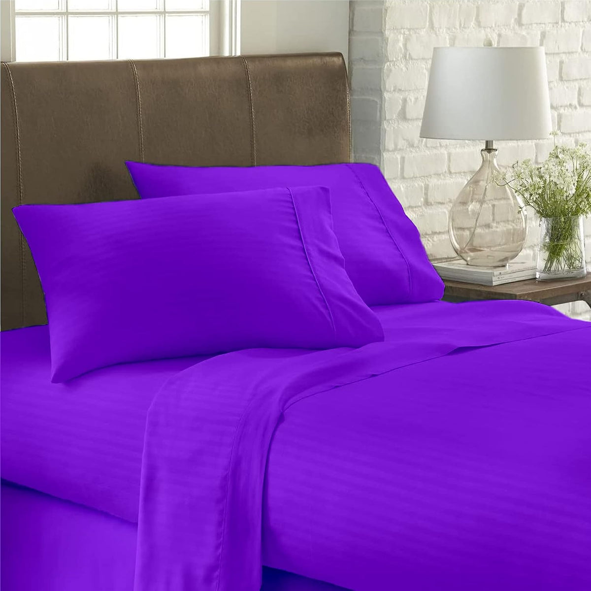 USA California King Sheet Set in Purple Stripe 400 Thread-Count 100% Egyptian Long Staple Cotton, Sateen Weave for Soft and Silky Feel, Breathable 4-Piece Bedsheet, Elasticized 24'' Extra Deep Pocket