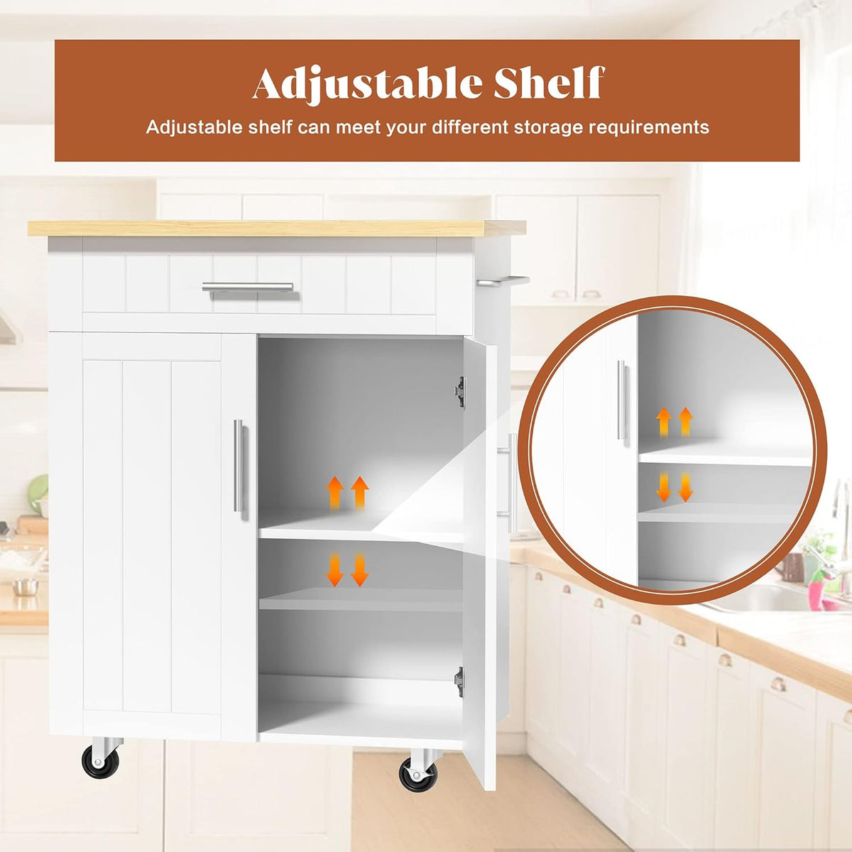 SUNLEI Kitchen Island with Storage, 26" Rolling Microwave Cart with 3 Drawers, Rubberwood Top, Lockable Wheels, Towel Rack & Open Shelves, Portable Kitchen Cart, White