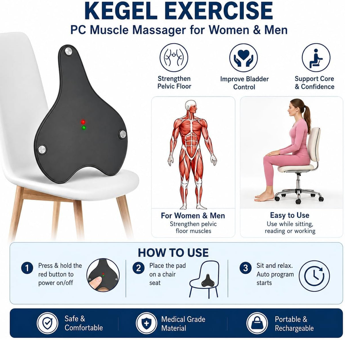 Pelvic Floor Trainer for Men & Women with Remote Control, Kegel Exercise Equipment for Hip, Core & Glute Muscle Training, Portable Muscle Strengthening Fitness Device for Home & Office