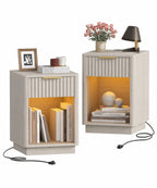 Akxomel Fluted Nightstand Set 2 Bedside Table with Charging Station Oak