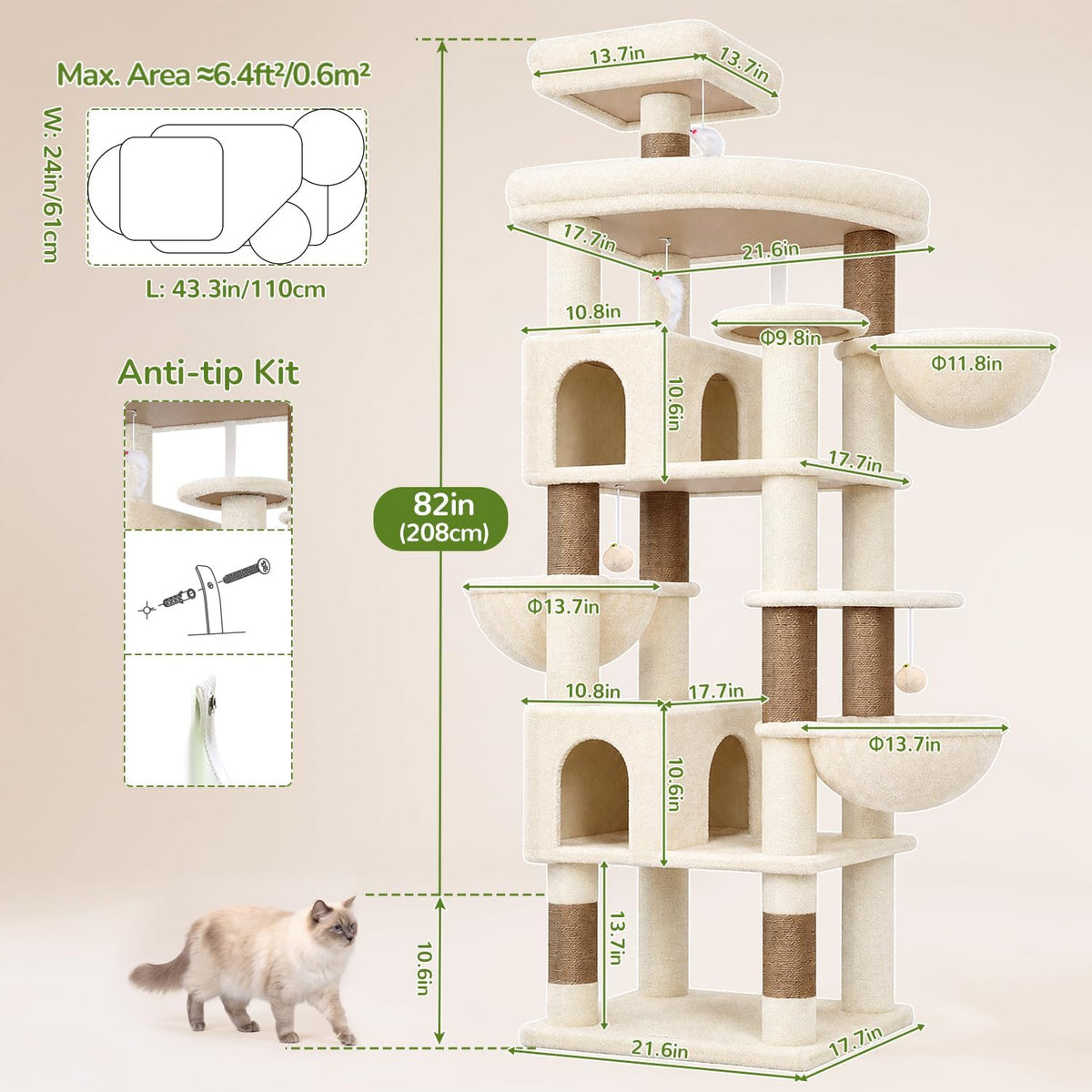 Globlazer 82in Extra Large Cat Tree Tower for Indoor Cats Large Adult, S82