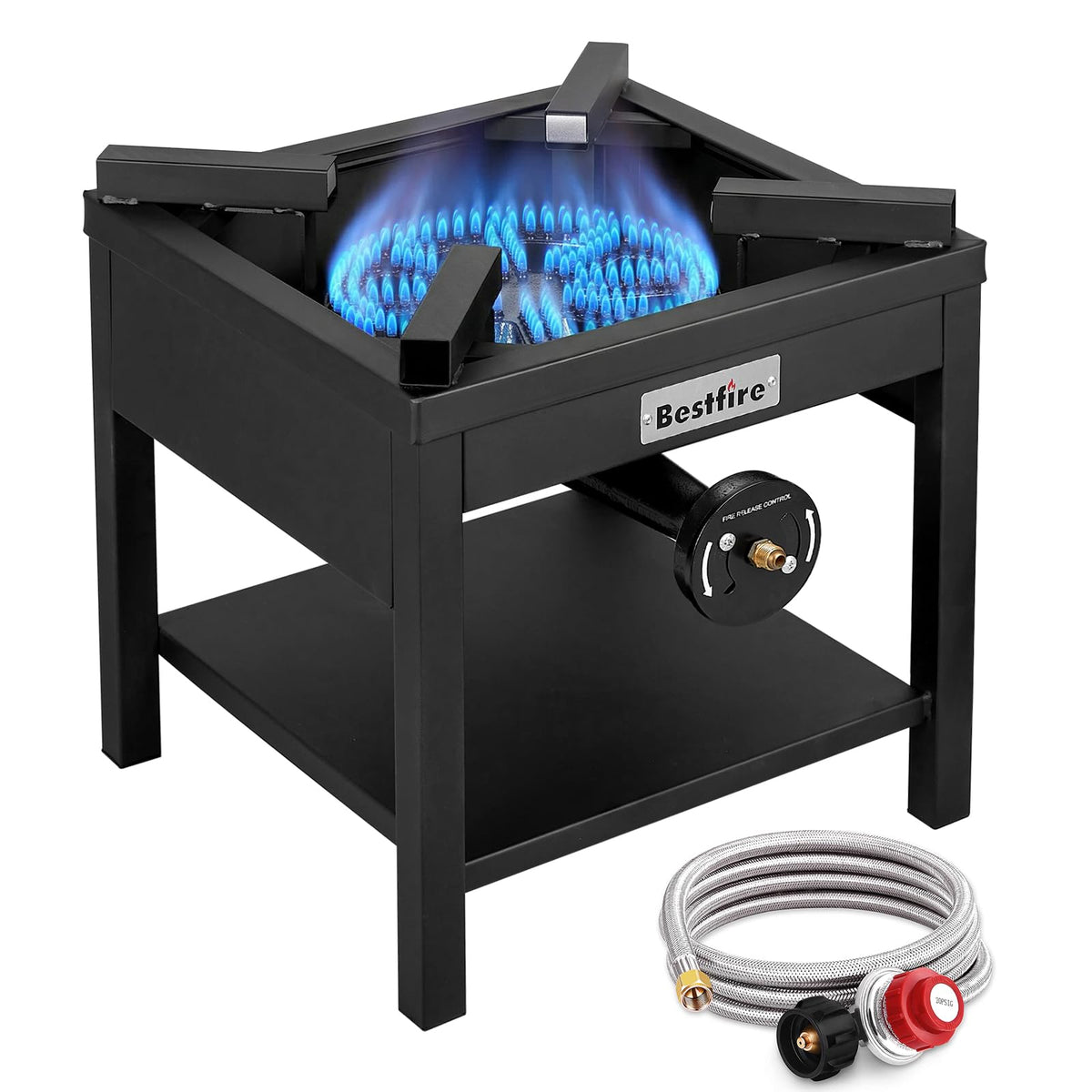 BESTFIRE 200,000 BTU Heavy Duty Propane Burner, High Pressure Outdoor Gas Stove with 0-20 PSI Adjustable Regulator & Hose, Portable Single Burner for Home Brewing, Turkey Fryer, Wok Cooking & Camping